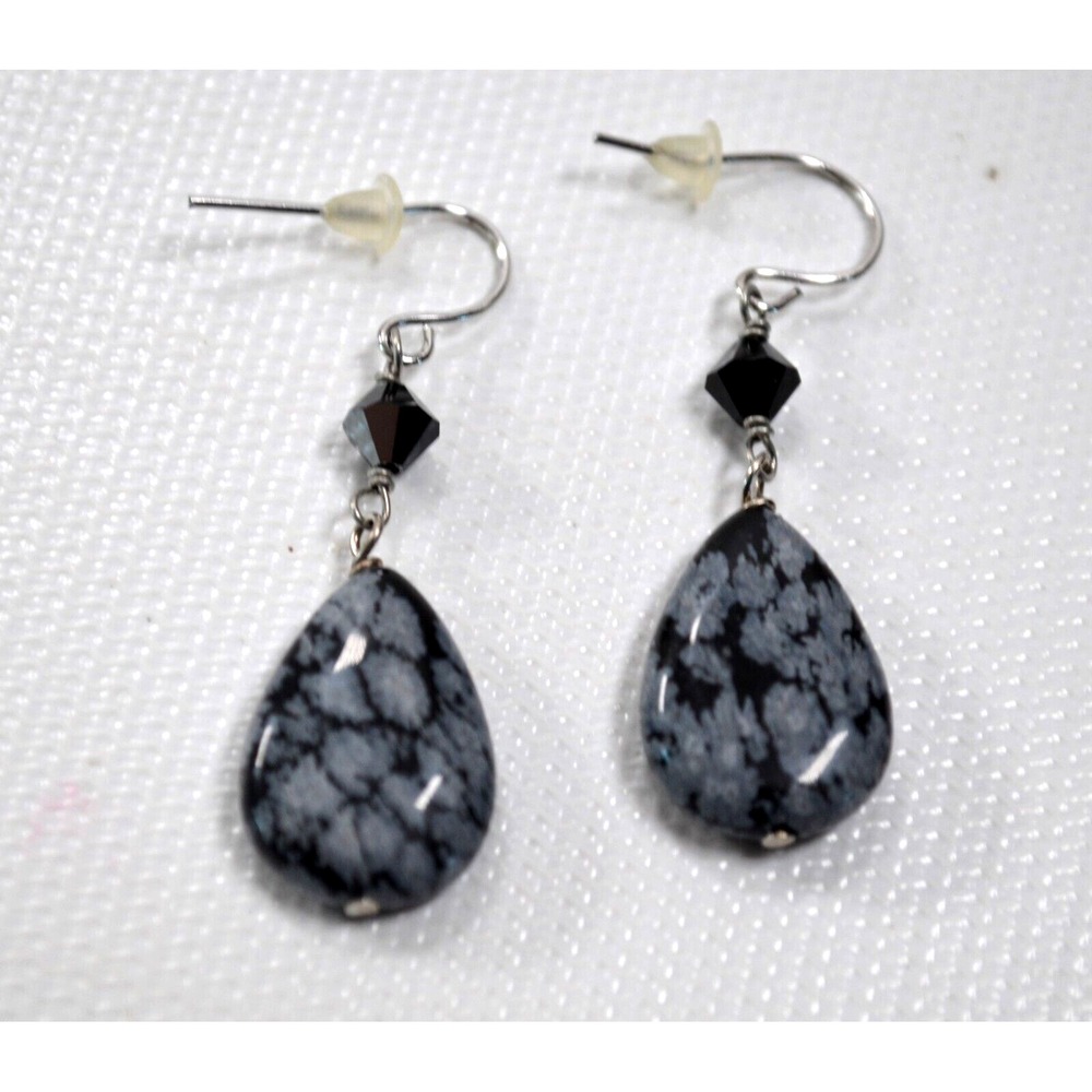 Silver Tone Hook Dangle Pierced Earrings Black & Silver 1.75"